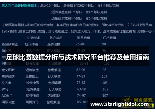 足球比赛数据分析与战术研究平台推荐及使用指南