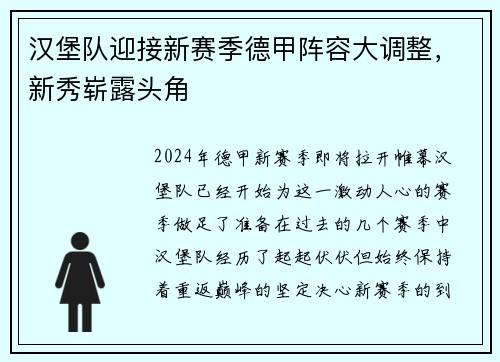 汉堡队迎接新赛季德甲阵容大调整，新秀崭露头角